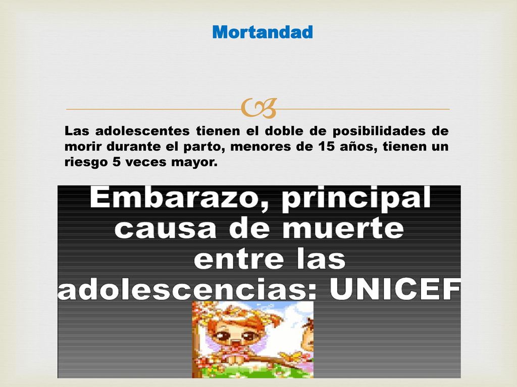 Mortandad Las adolescentes tienen el doble de posibilidades de morir durante el parto, menores de 15 años, tienen un riesgo 5 veces mayor.