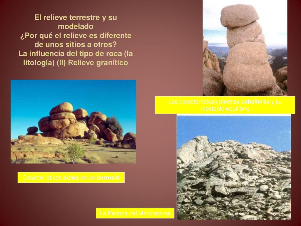 El relieve terrestre y su modelado ¿Por qué el relieve es diferente de unos sitios a otros La influencia del tipo de roca (la litología) (II) Relieve granítico