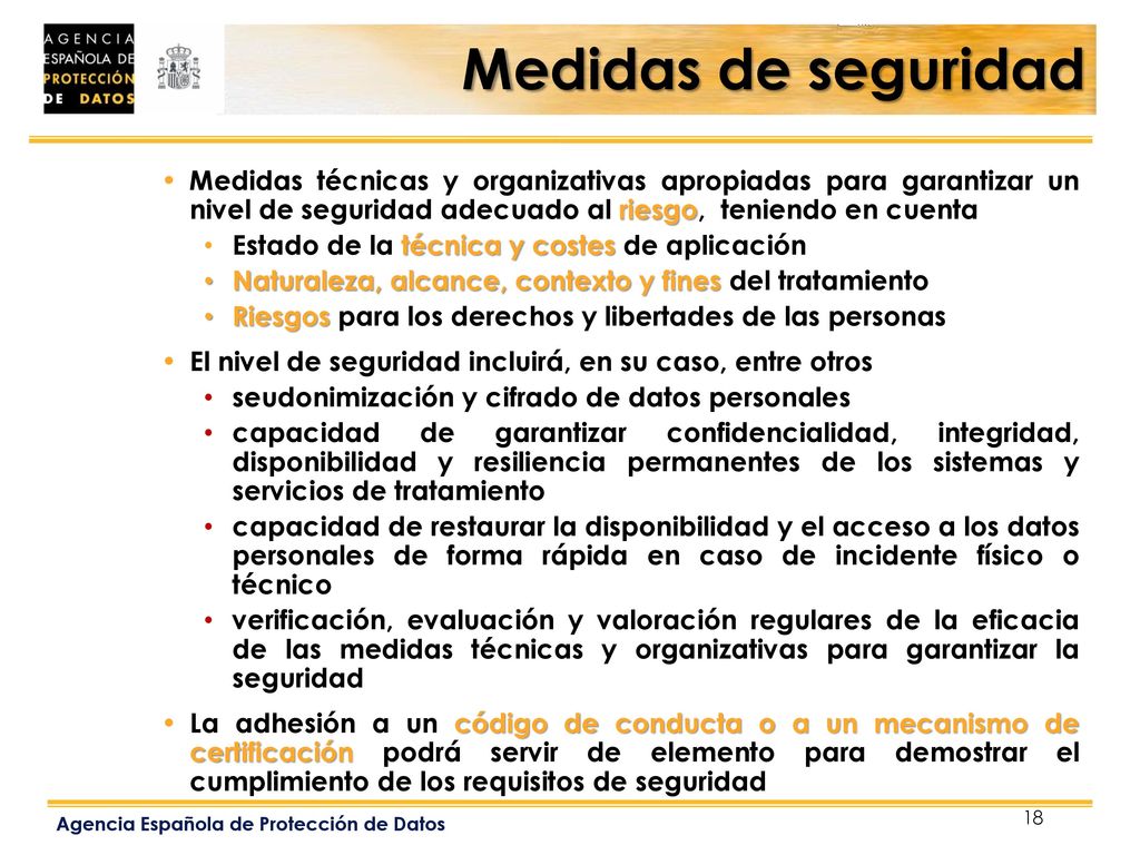 Medidas de seguridad Medidas técnicas y organizativas apropiadas para garantizar un nivel de seguridad adecuado al riesgo, teniendo en cuenta.