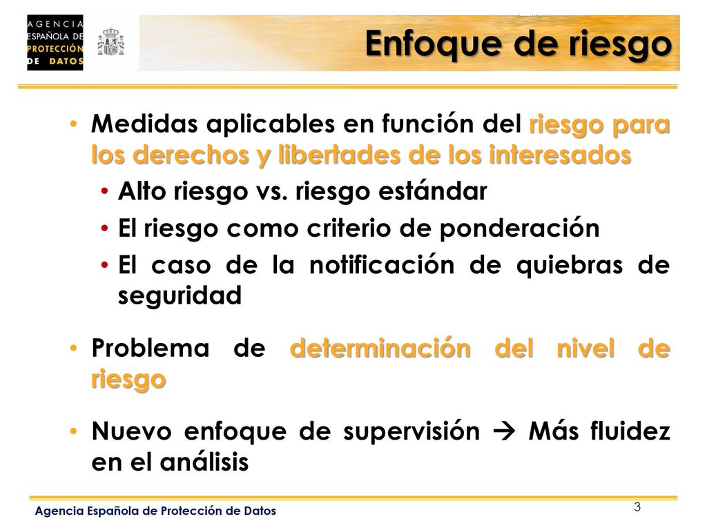 Enfoque de riesgo Medidas aplicables en función del riesgo para los derechos y libertades de los interesados.