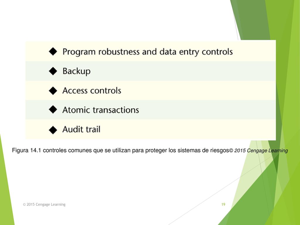 Figura 14.1 controles comunes que se utilizan para proteger los sistemas de riesgos © 2015 Cengage Learning