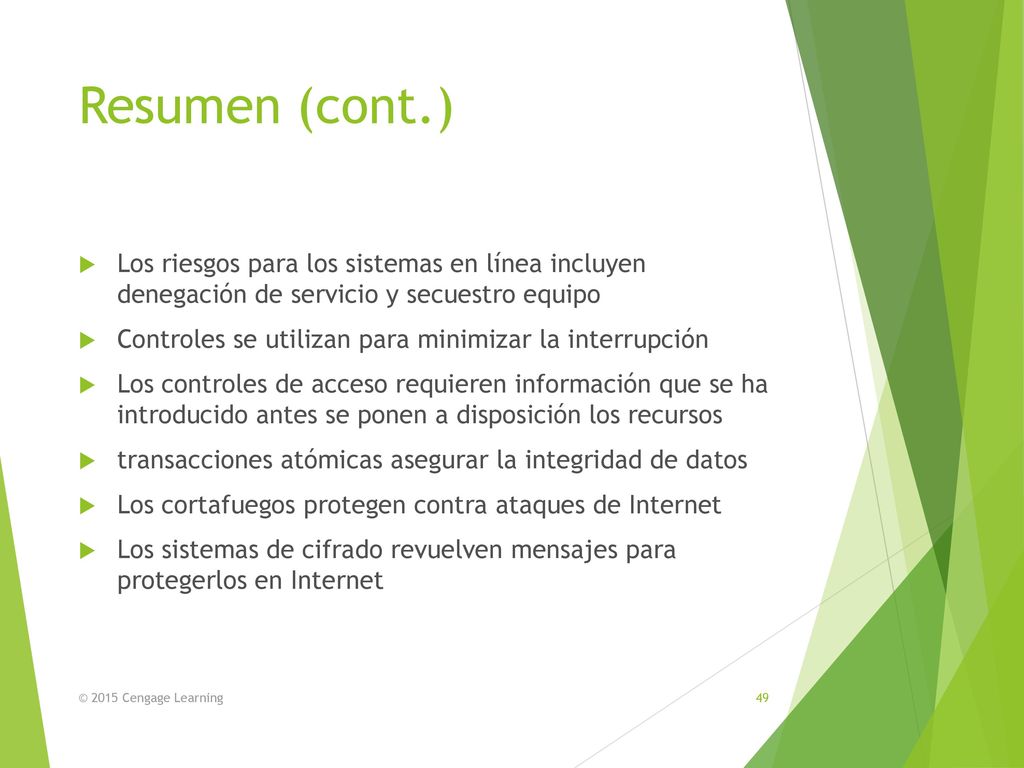 Resumen (cont.) Los riesgos para los sistemas en línea incluyen denegación de servicio y secuestro equipo.