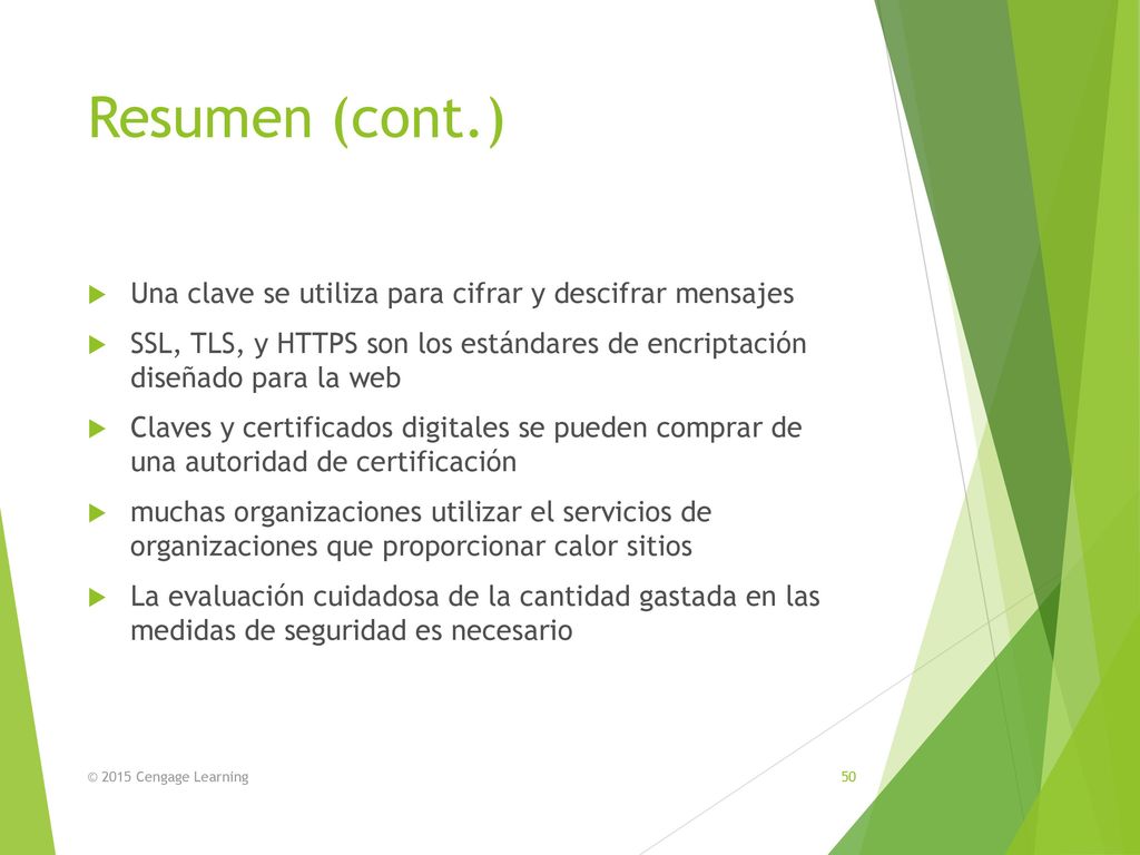 Resumen (cont.) Una clave se utiliza para cifrar y descifrar mensajes