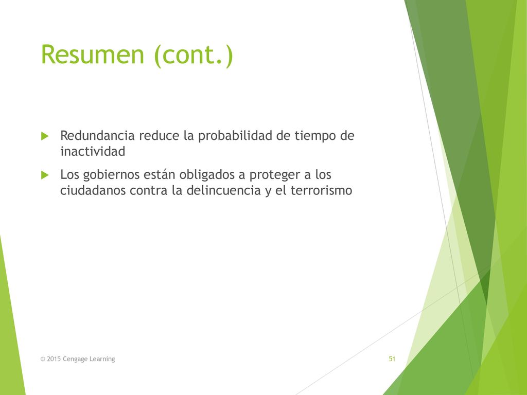 Resumen (cont.) Redundancia reduce la probabilidad de tiempo de inactividad.
