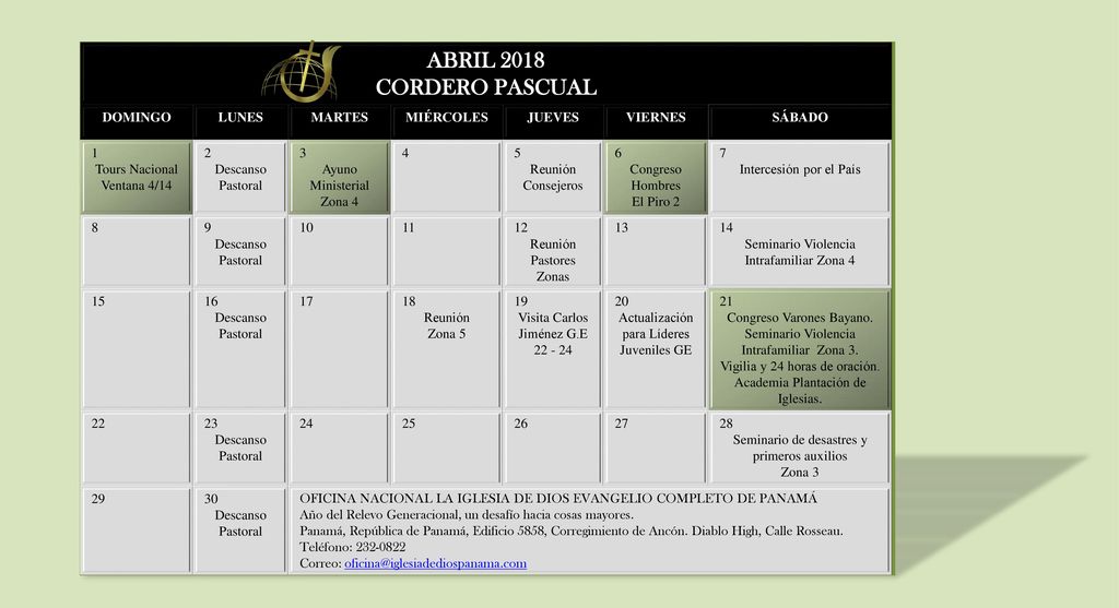 ABRIL 2018 CORDERO PASCUAL DOMINGO LUNES MARTES MIÉRCOLES JUEVES