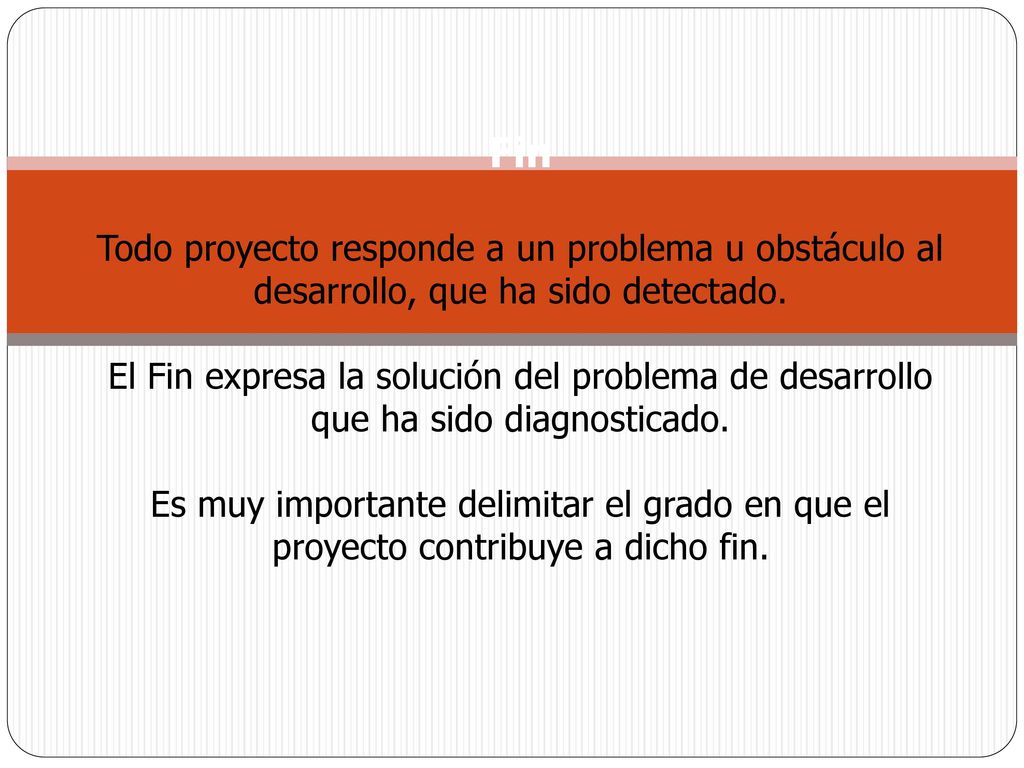 Fin Todo proyecto responde a un problema u obstáculo al desarrollo, que ha sido detectado.