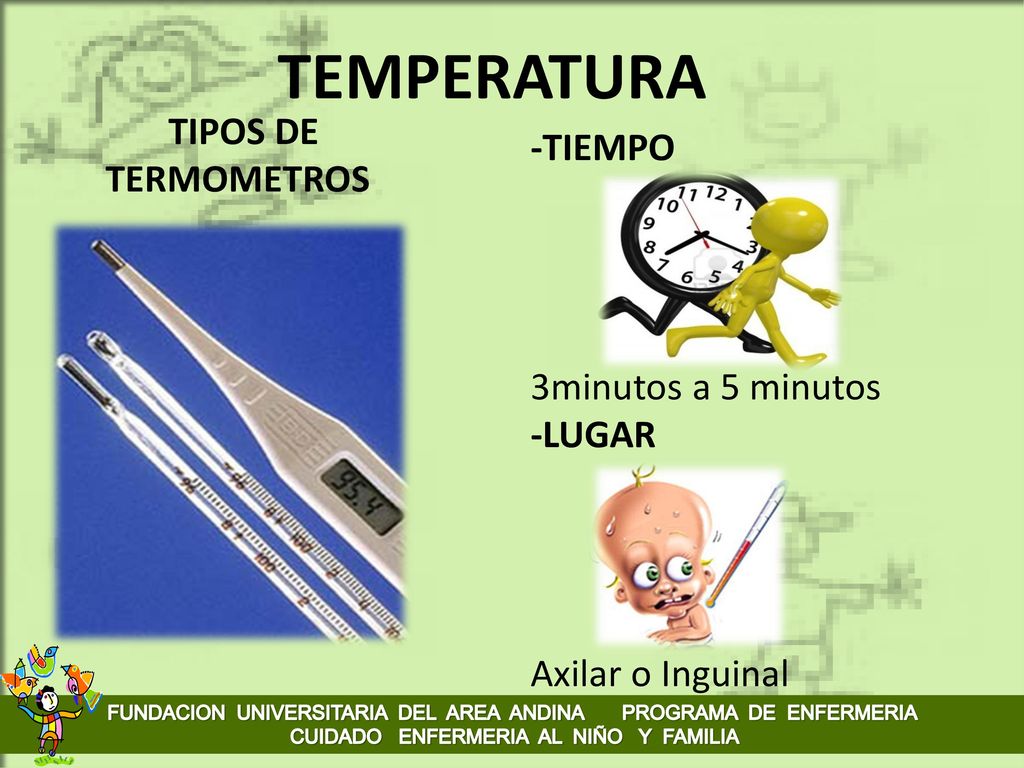 TEMPERATURA TIPOS DE TERMOMETROS -TIEMPO 3minutos a 5 minutos -LUGAR