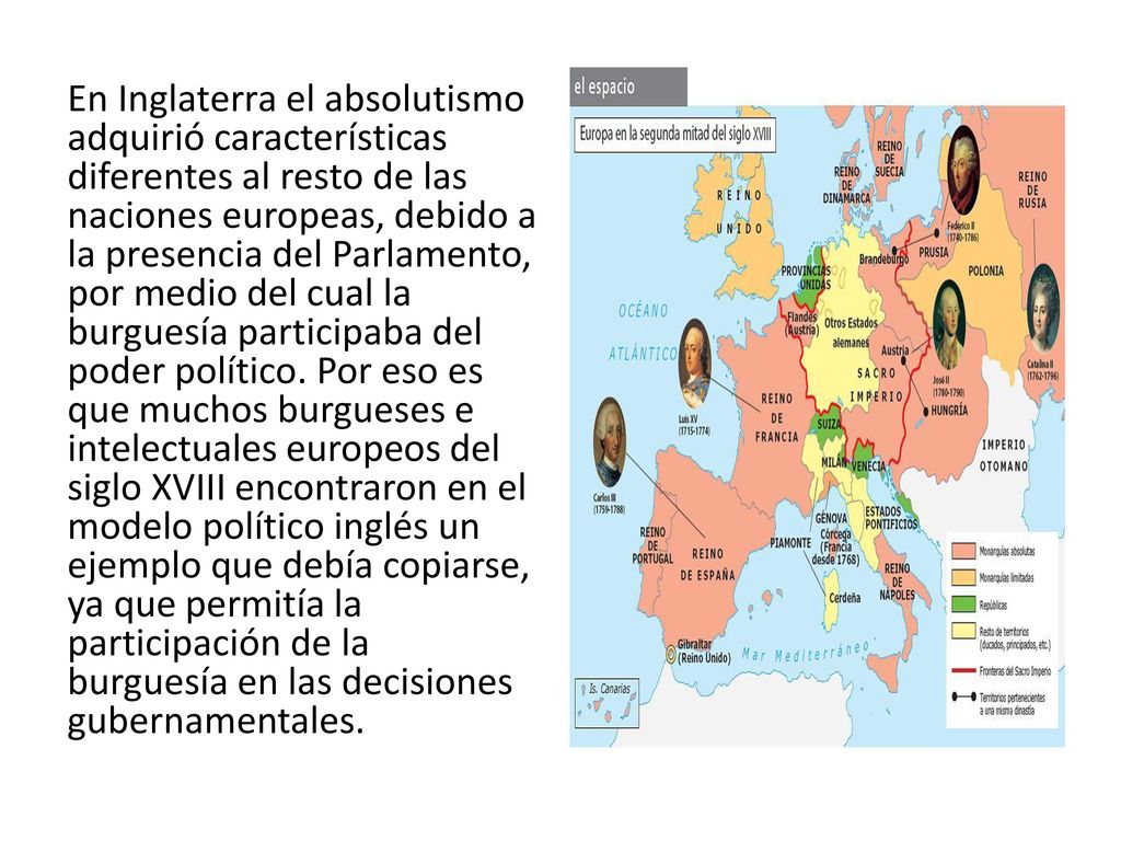 En Inglaterra el absolutismo adquirió características diferentes al resto de las naciones europeas, debido a la presencia del Parlamento, por medio del cual la burguesía participaba del poder político.
