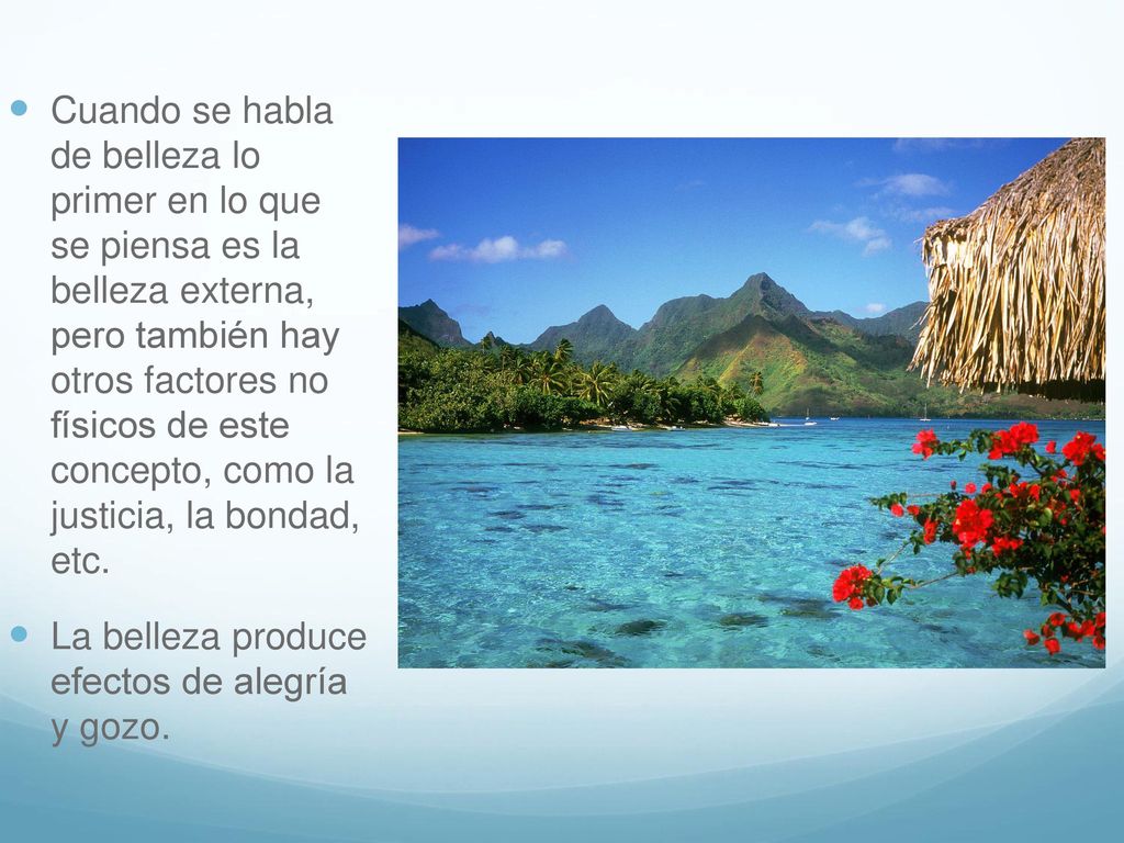 Cuando se habla de belleza lo primer en lo que se piensa es la belleza externa, pero también hay otros factores no físicos de este concepto, como la justicia, la bondad, etc.