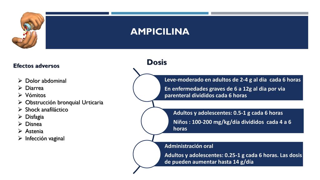 AMPICILINA Dosis Leve-moderado en adultos de 2-4 g al dia cada 6 horas