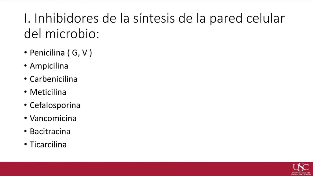 I. Inhibidores de la síntesis de la pared celular del microbio: