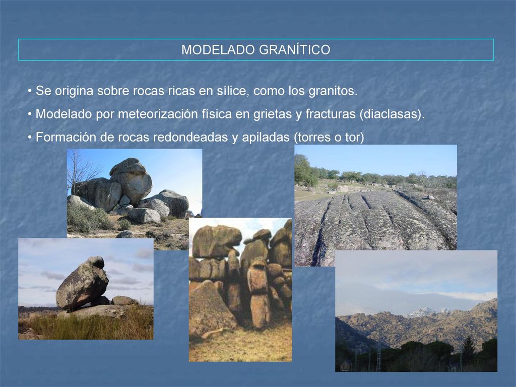 MODELADO GRANÍTICO Se origina sobre rocas ricas en sílice, como los granitos. Modelado por meteorización física en grietas y fracturas (diaclasas).