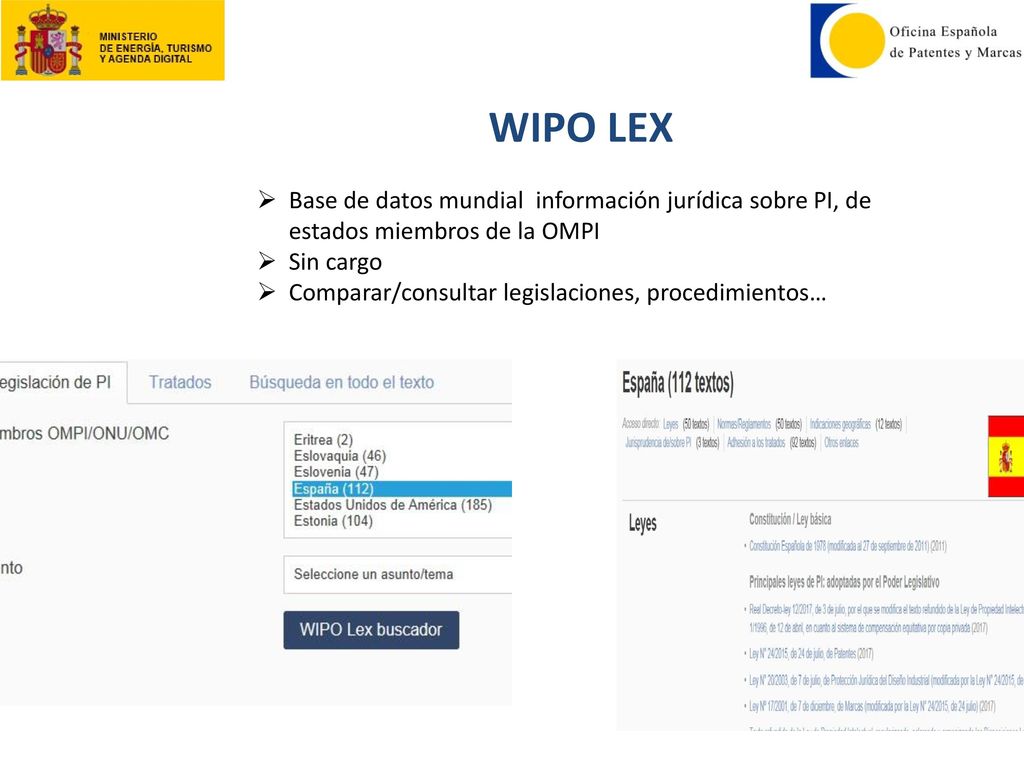 WIPO LEX Base de datos mundial información jurídica sobre PI, de estados miembros de la OMPI. Sin cargo.