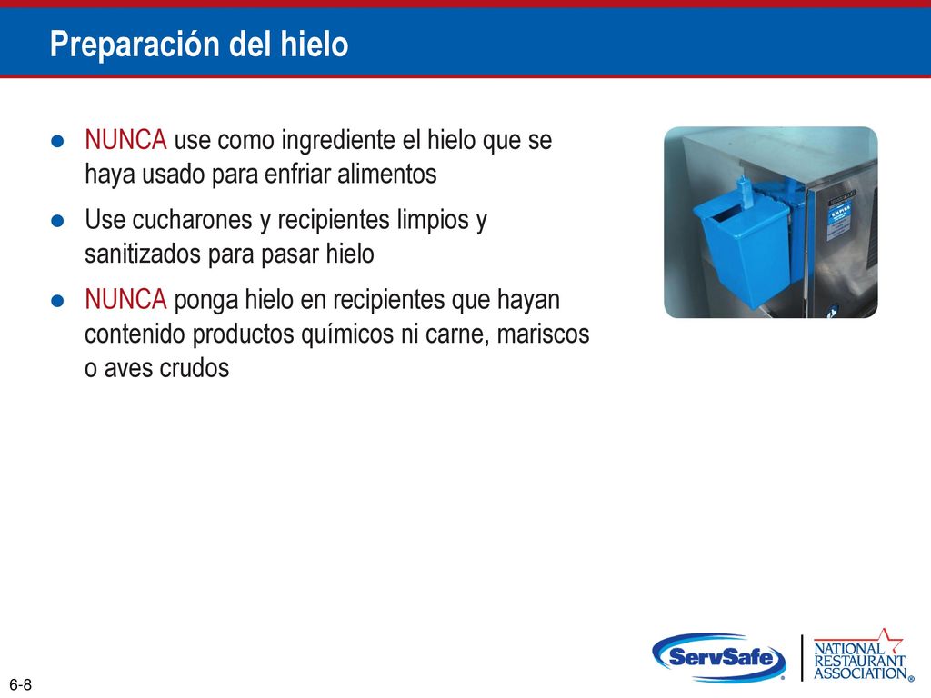 Preparación del hielo NUNCA use como ingrediente el hielo que se haya usado para enfriar alimentos.