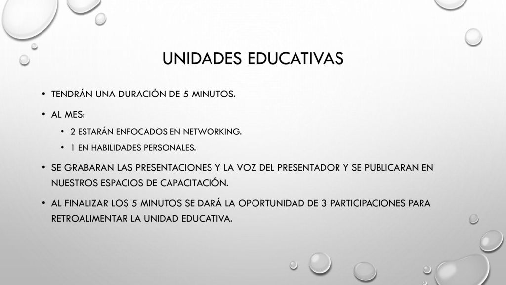 Unidades educativas Tendrán una duración de 5 minutos. Al mes: