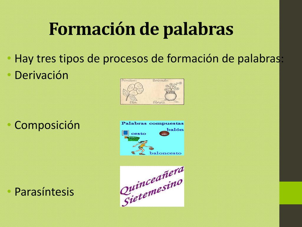 Formación de palabras Hay tres tipos de procesos de formación de palabras: Derivación. Composición.