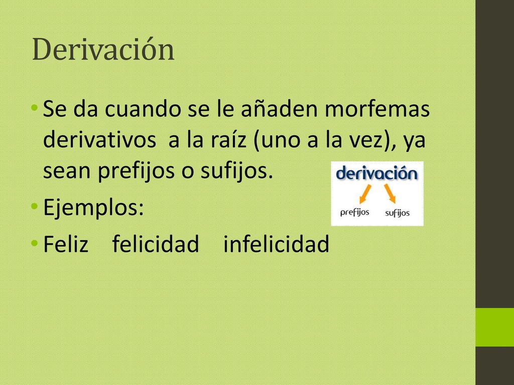 Derivación Se da cuando se le añaden morfemas derivativos a la raíz (uno a la vez), ya sean prefijos o sufijos.