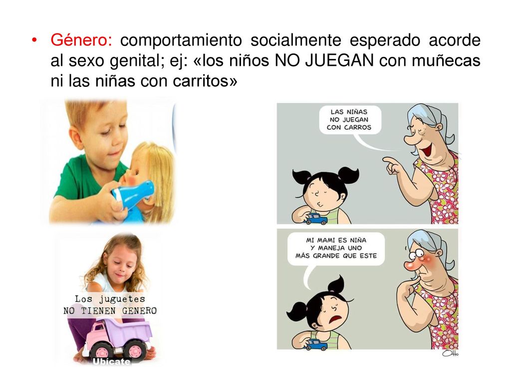 Género: comportamiento socialmente esperado acorde al sexo genital; ej: «los niños NO JUEGAN con muñecas ni las niñas con carritos»