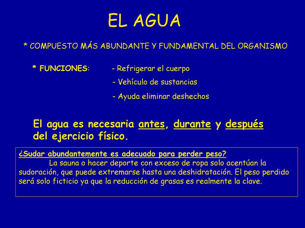 EL AGUA * COMPUESTO MÁS ABUNDANTE Y FUNDAMENTAL DEL ORGANISMO. * FUNCIONES: - Refrigerar el cuerpo.