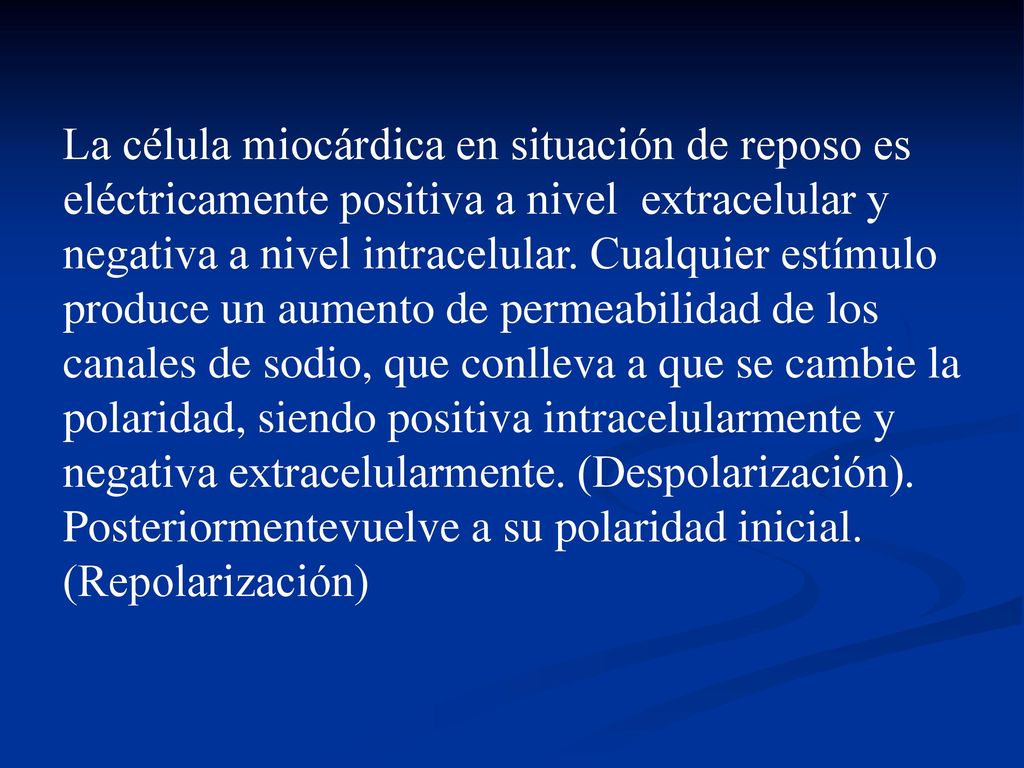 La célula miocárdica en situación de reposo es eléctricamente positiva a nivel extracelular y negativa a nivel intracelular.
