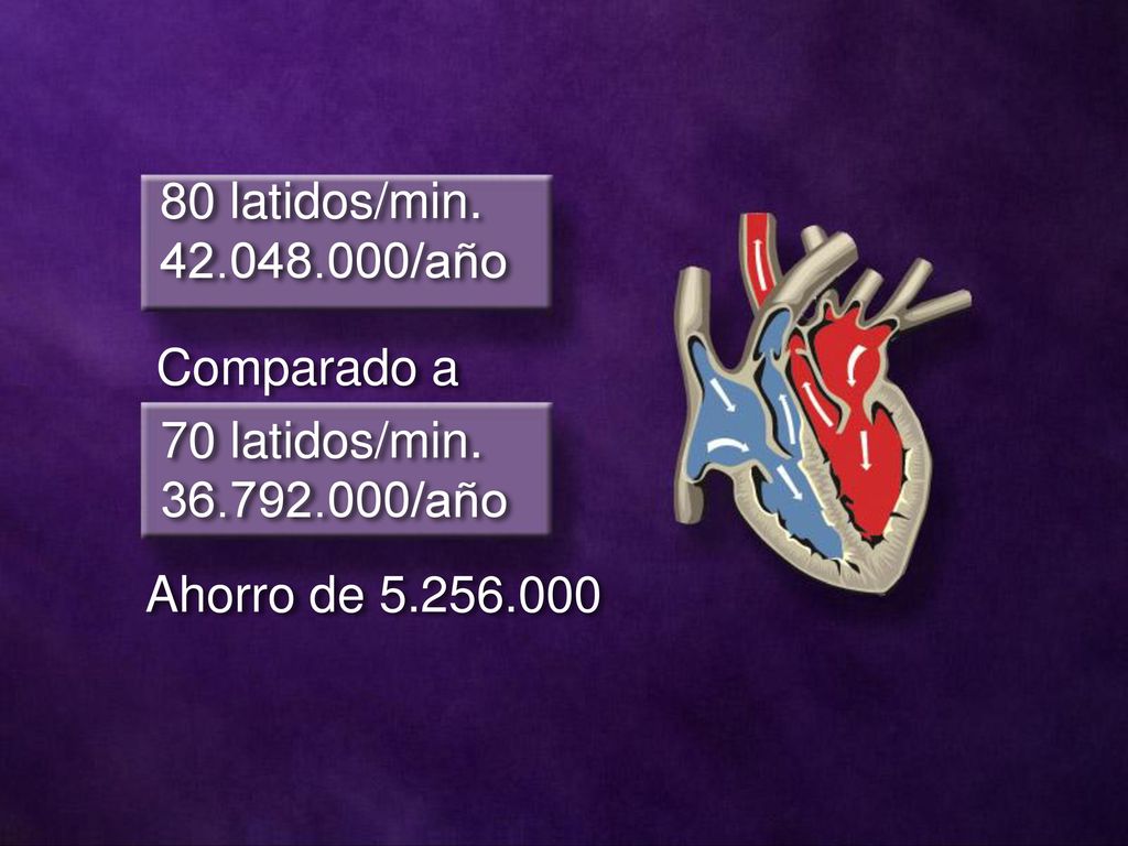 80 latidos/min /año Comparado a 70 latidos/min /año Ahorro de