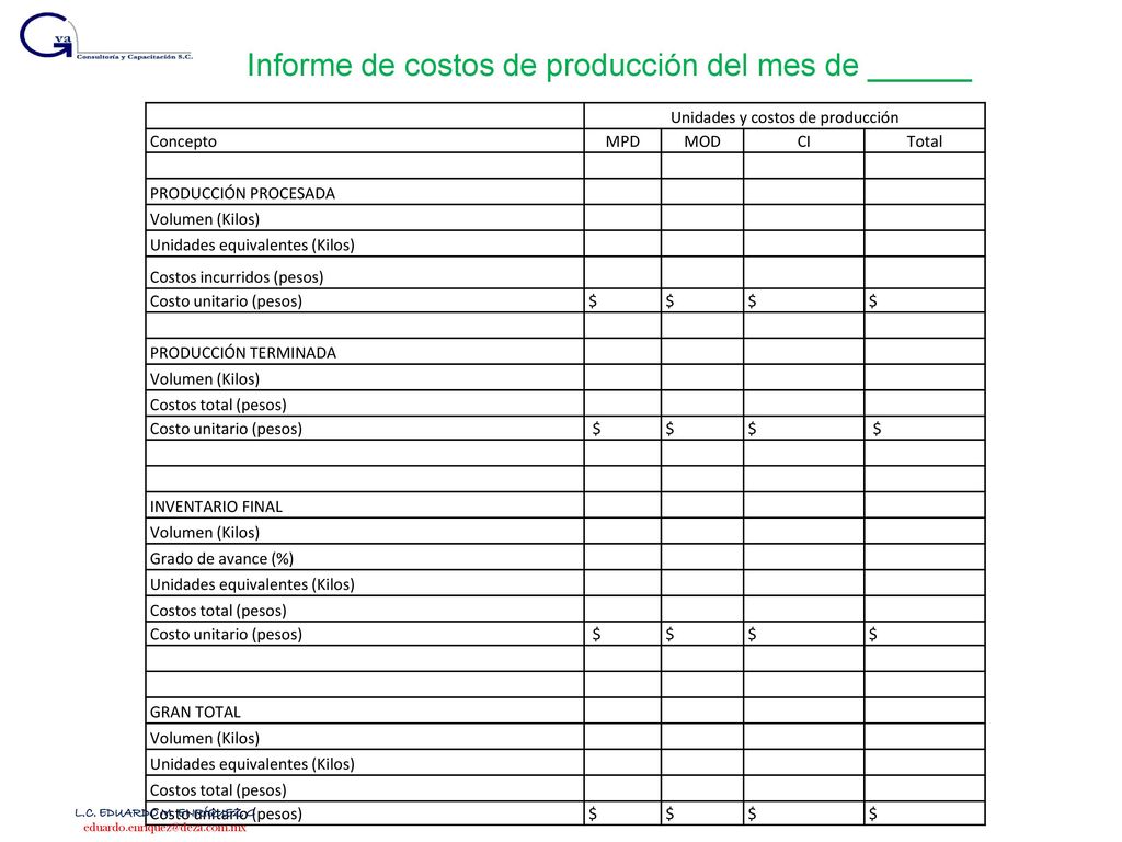 Informe de costos de producción del mes de ______