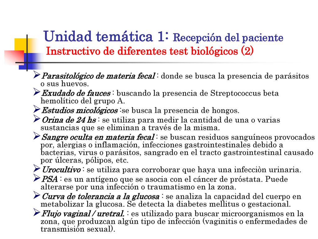 Unidad temática 1: Recepción del paciente Instructivo de diferentes test biológicos (2)
