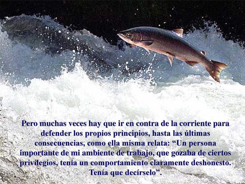 Pero muchas veces hay que ir en contra de la corriente para defender los propios principios, hasta las últimas consecuencias, como ella misma relata: Un persona importante de mi ambiente de trabajo, que gozaba de ciertos privilegios, tenía un comportamiento claramente deshonesto.