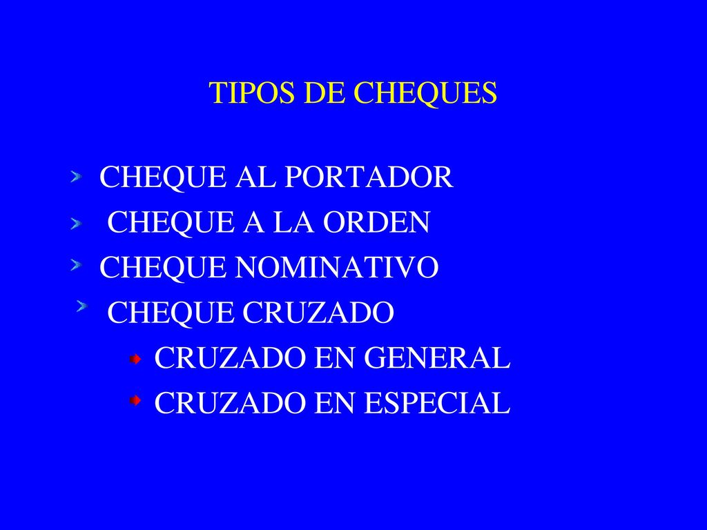 TIPOS DE CHEQUES CHEQUE AL PORTADOR. CHEQUE A LA ORDEN. CHEQUE NOMINATIVO. CHEQUE CRUZADO. CRUZADO EN GENERAL.