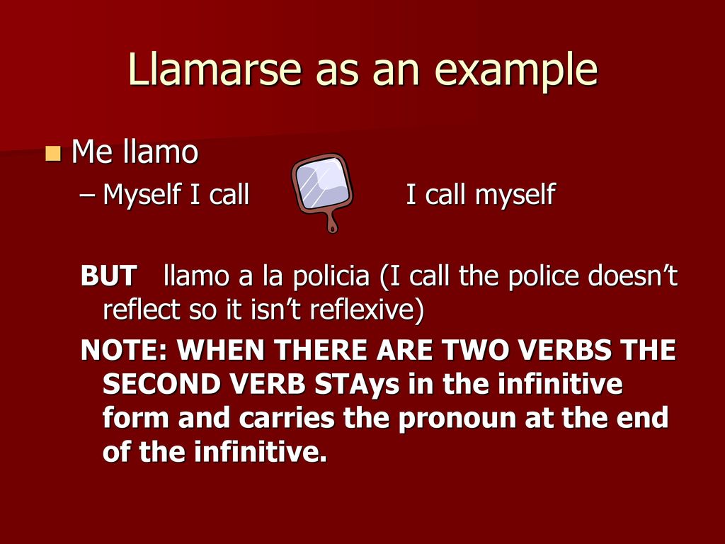 Llamarse as an example Me llamo Myself I call I call myself