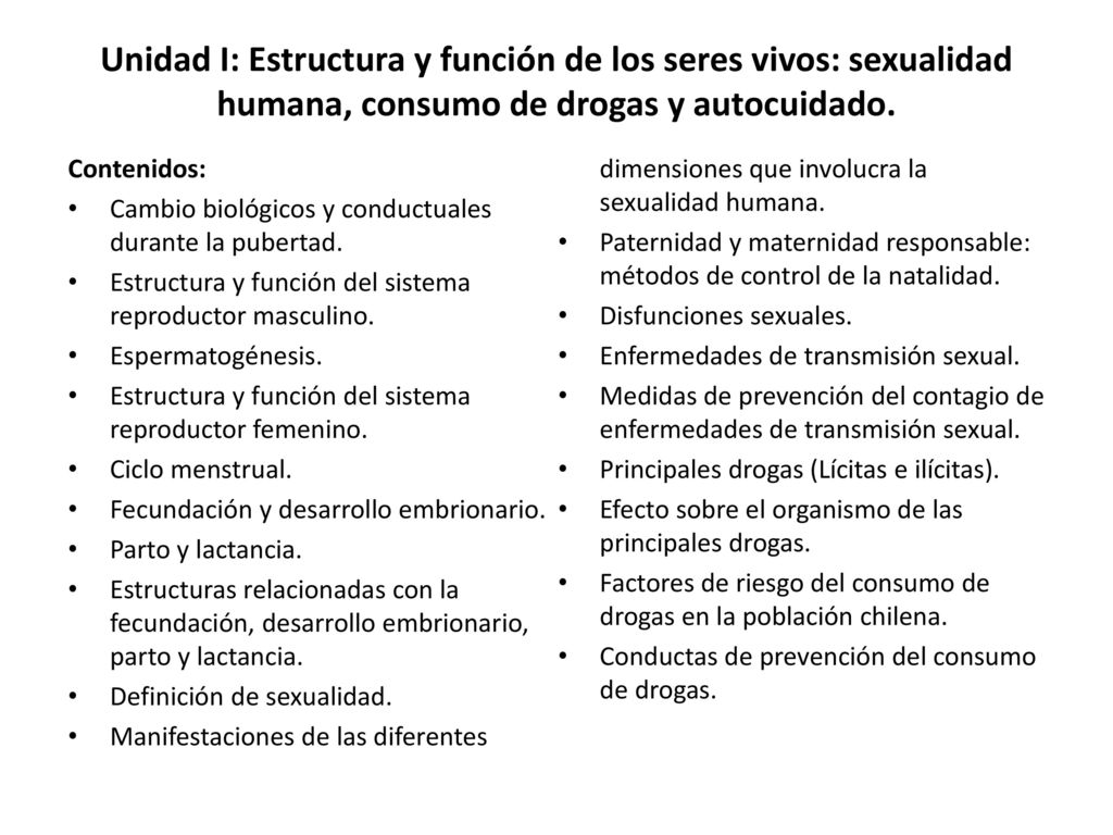 Unidad I: Estructura y función de los seres vivos: sexualidad humana, consumo de drogas y autocuidado.