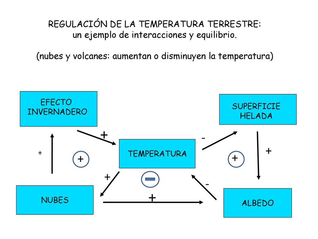 REGULACIÓN DE LA TEMPERATURA TERRESTRE: un ejemplo de interacciones y equilibrio. (nubes y volcanes: aumentan o disminuyen la temperatura)