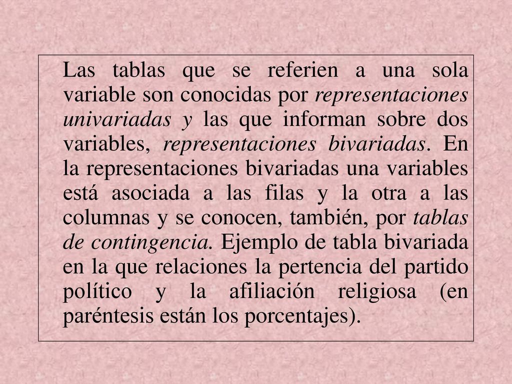 Las tablas que se referien a una sola variable son conocidas por representaciones univariadas y las que informan sobre dos variables, representaciones bivariadas.