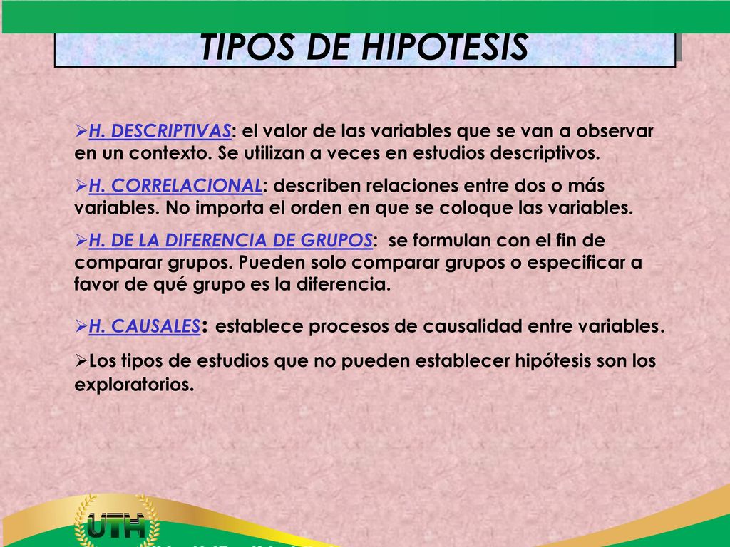 TIPOS DE HIPÓTESIS H. DESCRIPTIVAS: el valor de las variables que se van a observar en un contexto. Se utilizan a veces en estudios descriptivos.