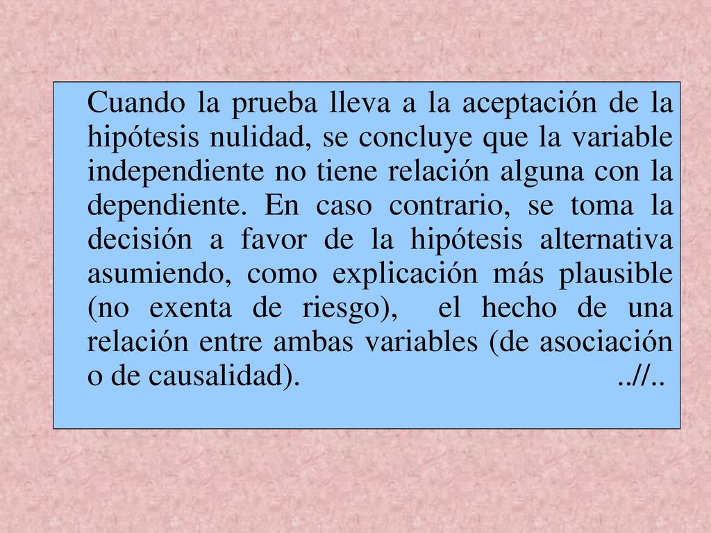 Cuando la prueba lleva a la aceptación de la hipótesis nulidad, se concluye que la variable independiente no tiene relación alguna con la dependiente.