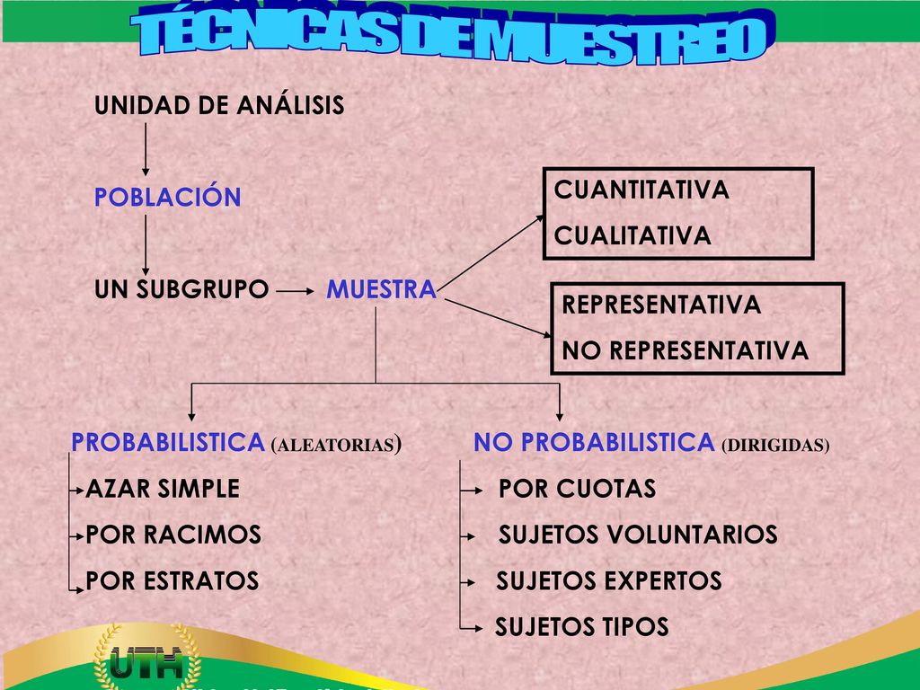 TÉCNICAS DE MUESTREO UNIDAD DE ANÁLISIS POBLACIÓN UN SUBGRUPO MUESTRA