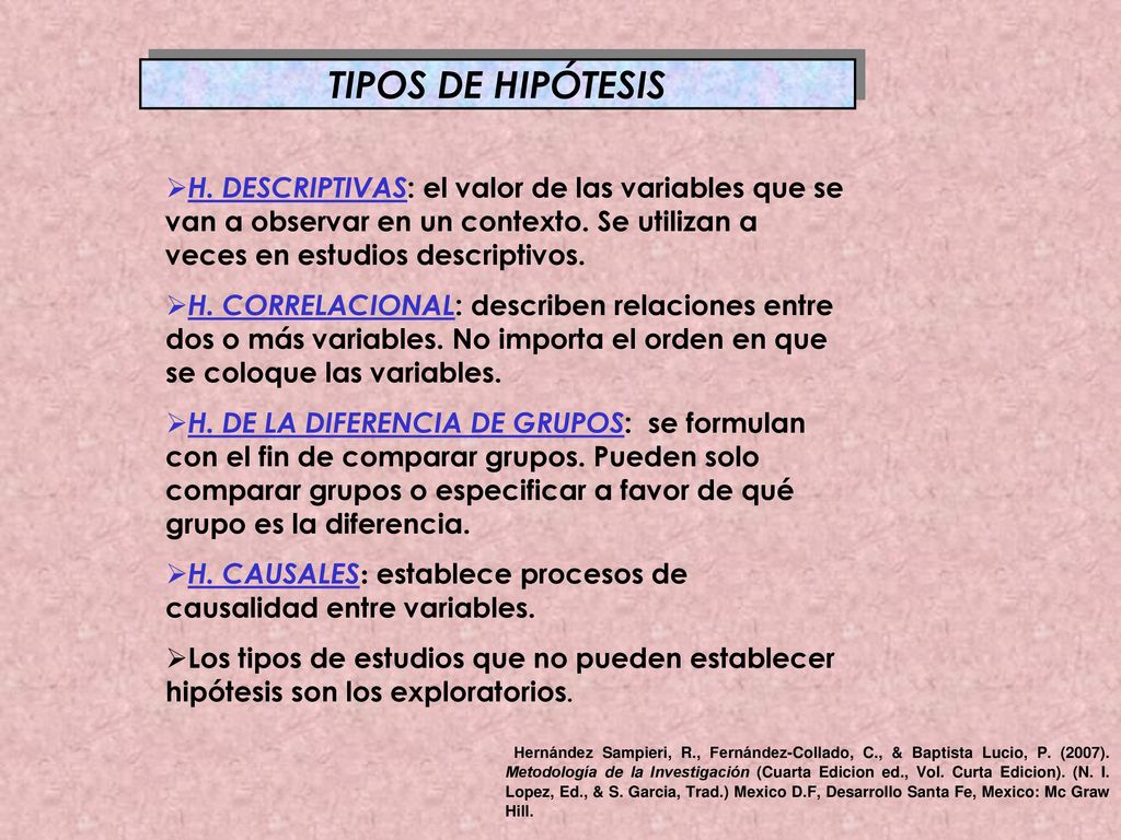 TIPOS DE HIPÓTESIS H. DESCRIPTIVAS: el valor de las variables que se van a observar en un contexto. Se utilizan a veces en estudios descriptivos.