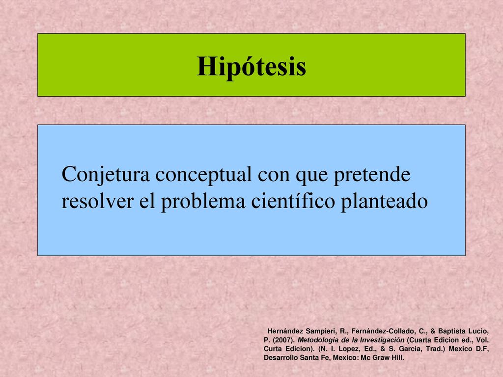 Hipótesis Conjetura conceptual con que pretende resolver el problema científico planteado.