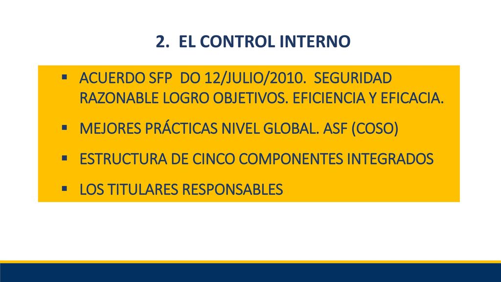 2. EL CONTROL INTERNO ACUERDO SFP DO 12/JULIO/2010. SEGURIDAD RAZONABLE LOGRO OBJETIVOS. EFICIENCIA Y EFICACIA.