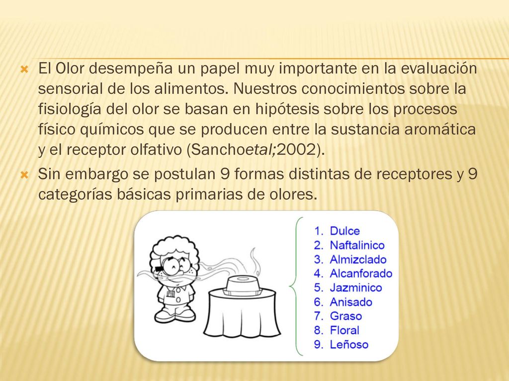 El Olor desempeña un papel muy importante en la evaluación sensorial de los alimentos. Nuestros conocimientos sobre la fisiología del olor se basan en hipótesis sobre los procesos físico químicos que se producen entre la sustancia aromática y el receptor olfativo (Sanchoetal;2002).