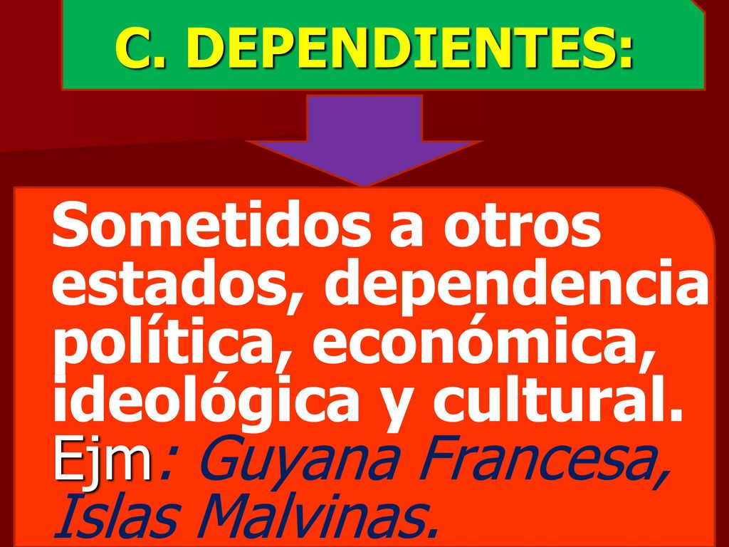 C. DEPENDIENTES: Sometidos a otros estados, dependencia política, económica, ideológica y cultural.