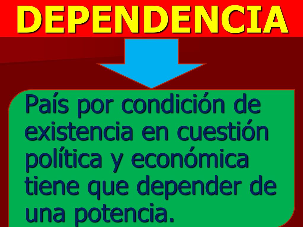 DEPENDENCIA País por condición de existencia en cuestión política y económica tiene que depender de una potencia.
