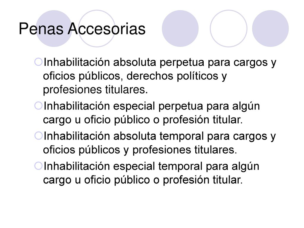 Penas Accesorias Inhabilitación absoluta perpetua para cargos y oficios públicos, derechos políticos y profesiones titulares.
