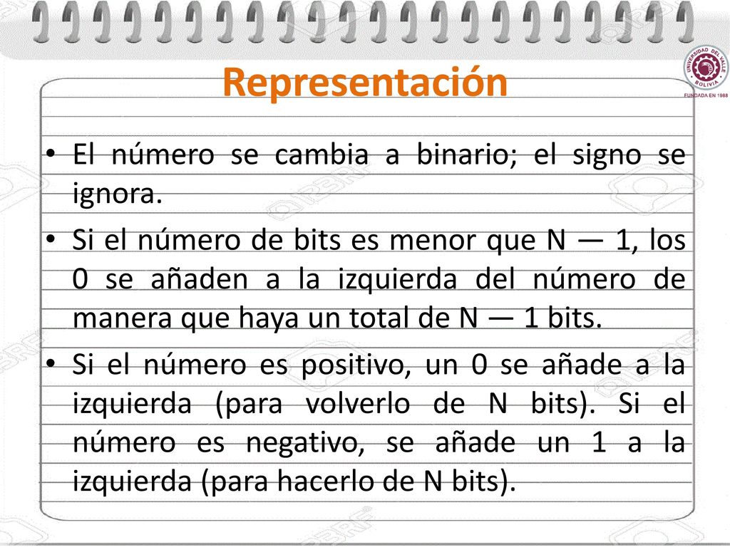 Representación El número se cambia a binario; el signo se ignora.