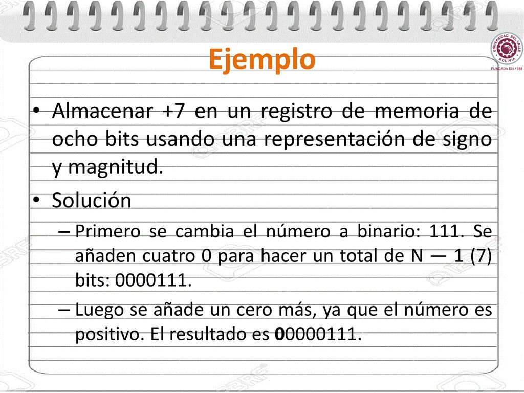 Ejemplo Almacenar +7 en un registro de memoria de ocho bits usando una representación de signo y magnitud.