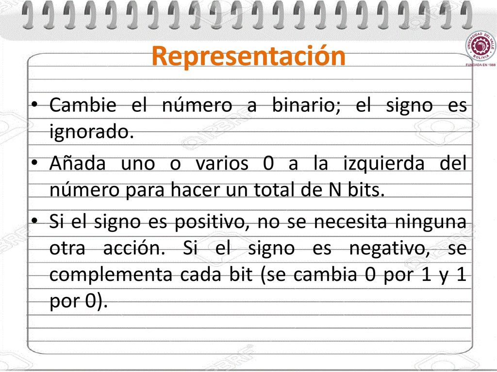 Representación Cambie el número a binario; el signo es ignorado.