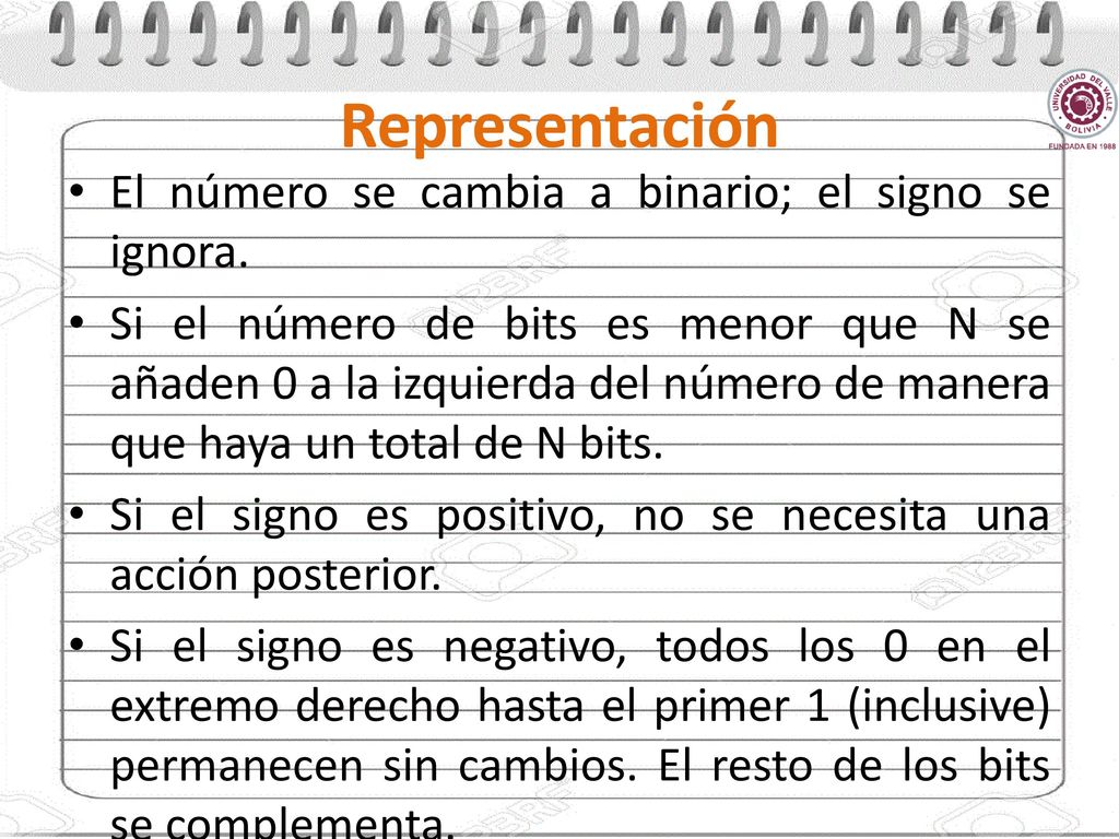 Representación El número se cambia a binario; el signo se ignora.