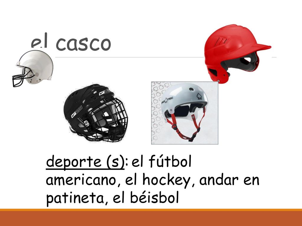 el casco deporte (s): el fútbol americano, el hockey, andar en patineta, el béisbol