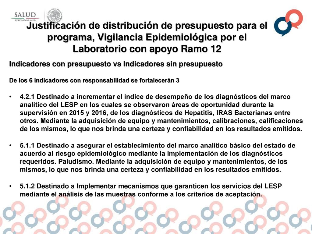 Justificación de distribución de presupuesto para el programa, Vigilancia Epidemiológica por el Laboratorio con apoyo Ramo 12