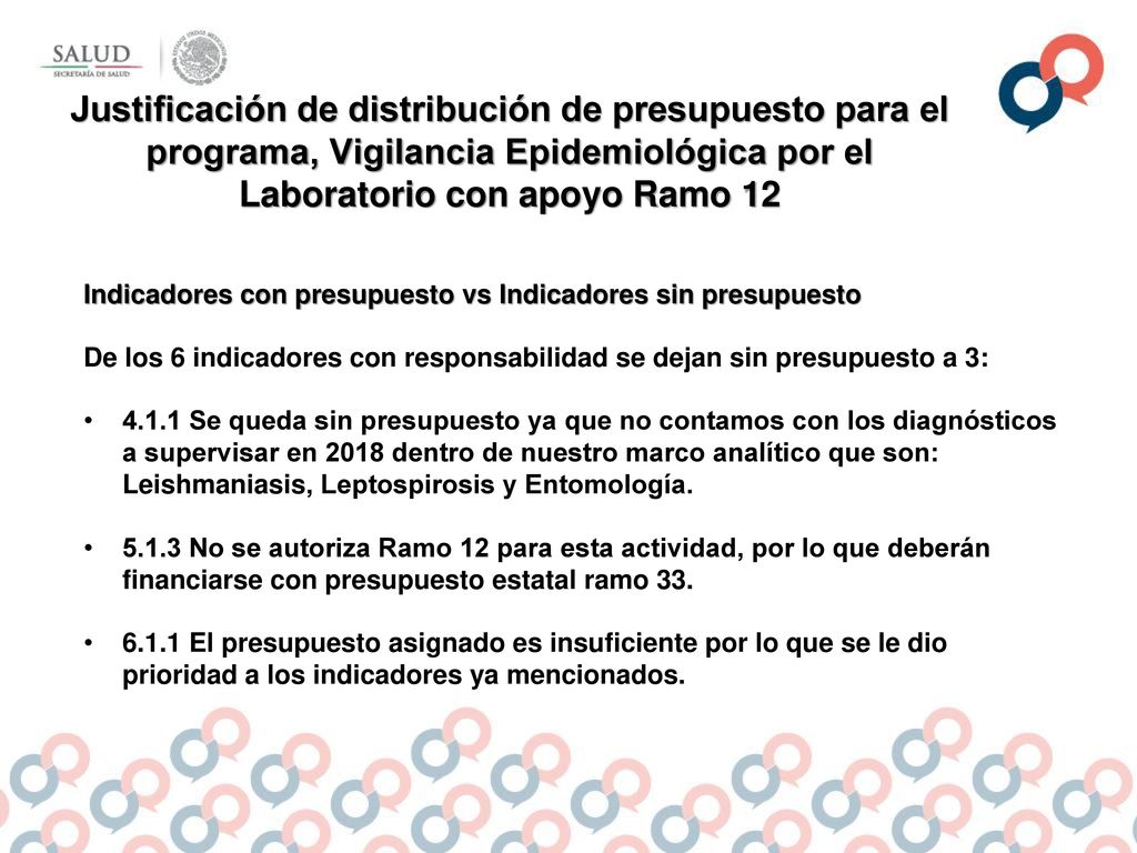 Justificación de distribución de presupuesto para el programa, Vigilancia Epidemiológica por el Laboratorio con apoyo Ramo 12